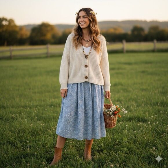 J.Crew Liberty Blue White Floral Smocked Midi Skirt L Cottagecore Boho Coastal - Picture 7 of 14